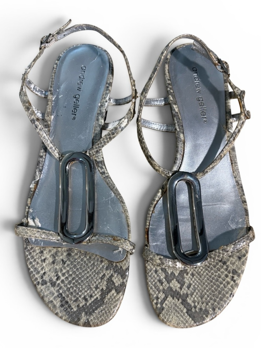 Andrew Geller Snake-Print Strappy Sandals in Gray and Silver